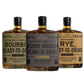 From left to right: Bourbon bottle, Reserve Bourbon bottle, and Rye Whiskey bottle